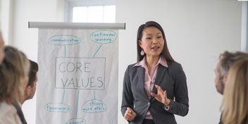 Office worker presenting on Core Values to colleagues
