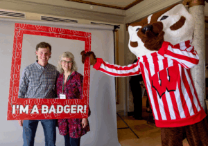 Shannon Stege and guest with Bucky Badger