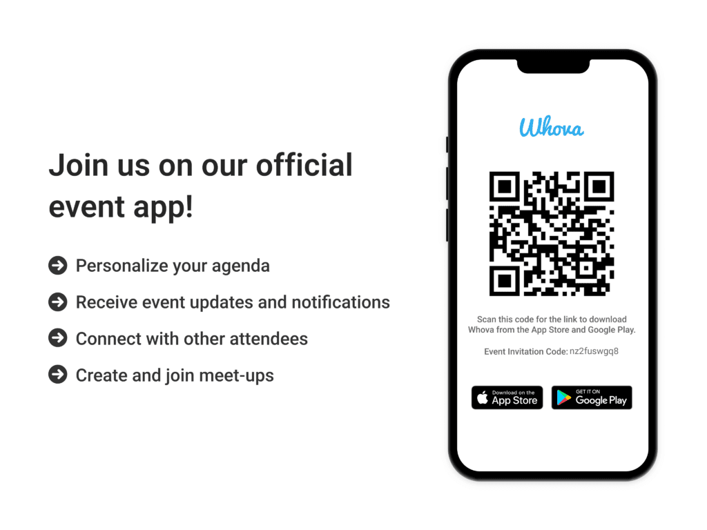 Graphic showing a phone with the Hova app in the app store. The text reads 'Join us in our official event app! Personalize your agenda, Receive event updates and notifications, Connect with other attendees, Create and join meet-ups'
