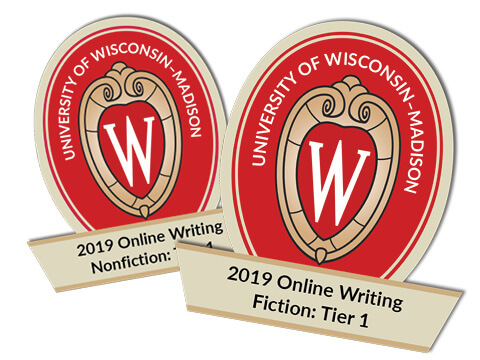 Graphic design of writing badges on University of Wisconsin Madison crest. Badges shown are for 2019 online writing in fiction or nonfiction.