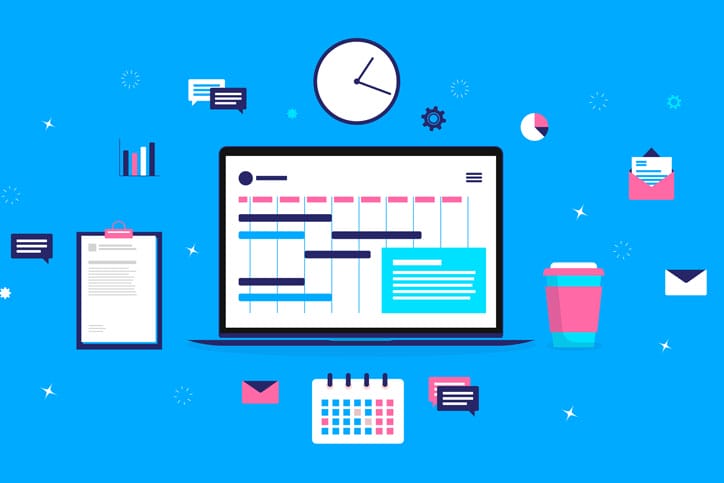 Vector illustration of laptop computer surrounded by objects needed to do project management.