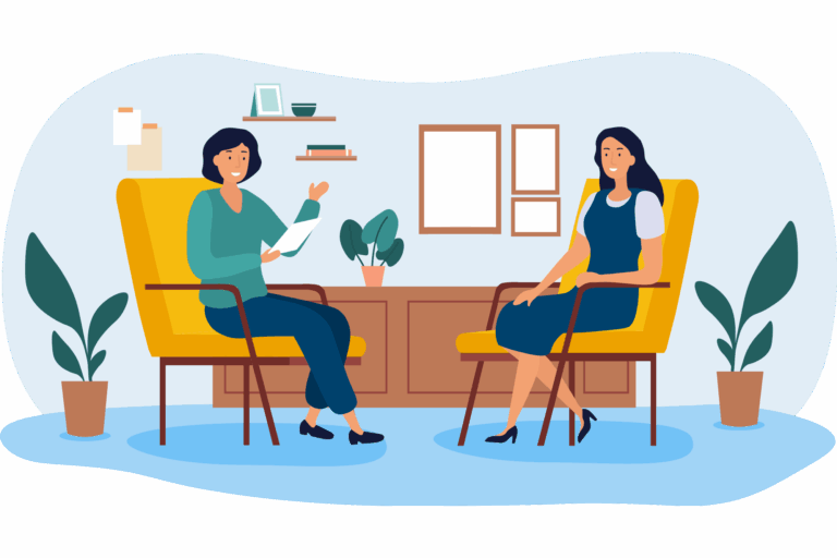 Woman talking to counselor, illustration